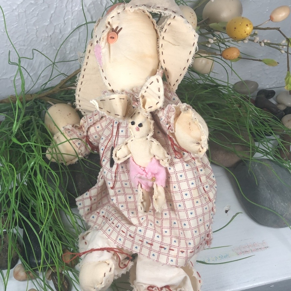 Bunny Rabbit Doll w/ Baby Farmhouse Handmade Distressed Rustic Rabbit Doll - Picture 9 of 12